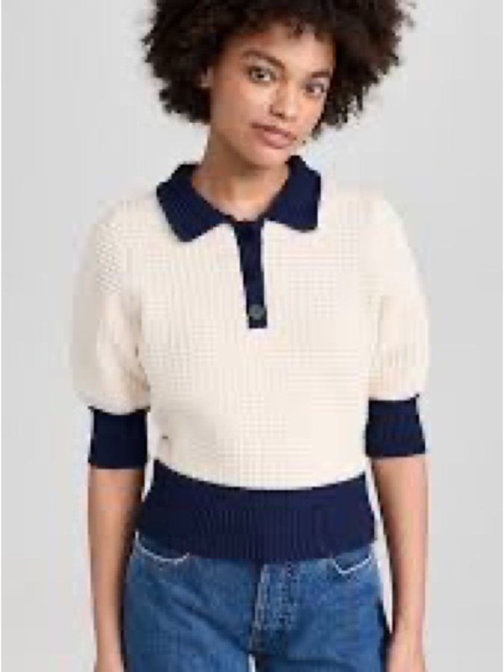 STAUD Cream Polo Knit Sweater with Navy Trim